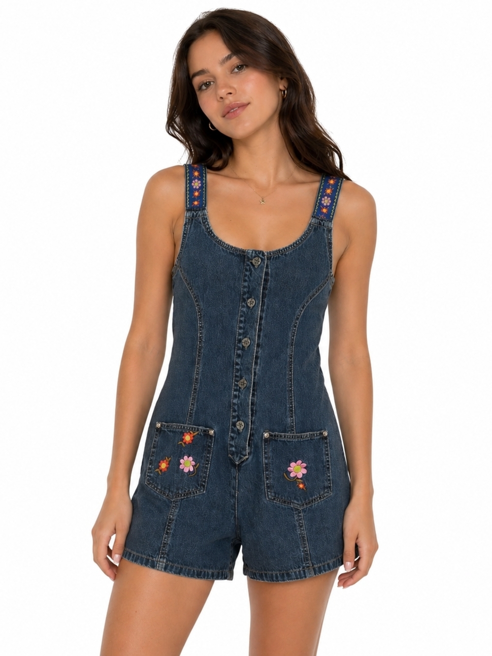 Vintage 90s Floral Embroidered Denim Romper Cottagecore Momcore Y2K Vibes